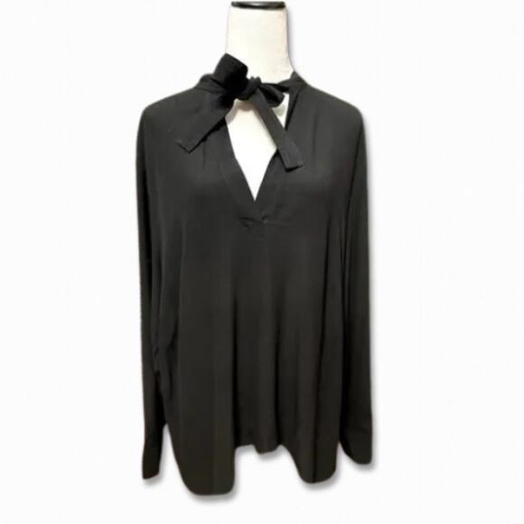 MNG Long Sleeve Blouse Tie Neck Flowy Relaxed Fit Versatile Black Women's 18 NWT - Picture 1 of 10